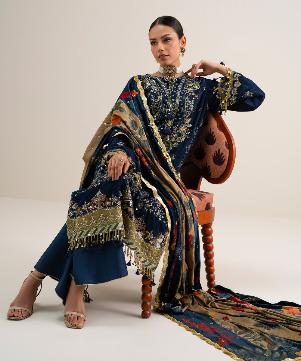 Women's Unstitched Embroidered Velvet Blue 3 Piece Suit