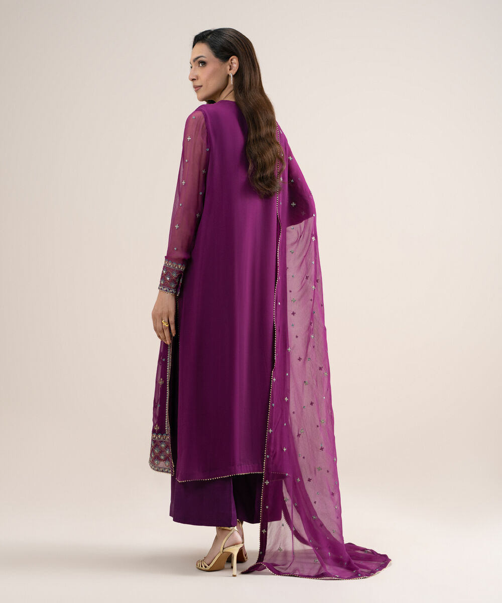 Women's Unstitched Embroidered Blended Chiffon Purple 3 Piece Suit