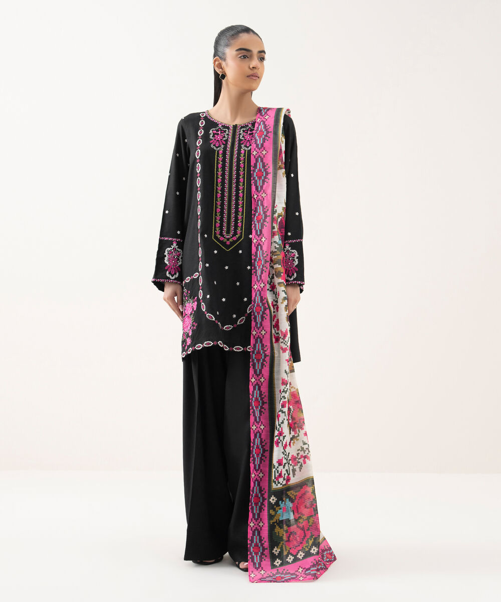 Women's RTW Cotton Viscose Black Embroidered Straight Shirt