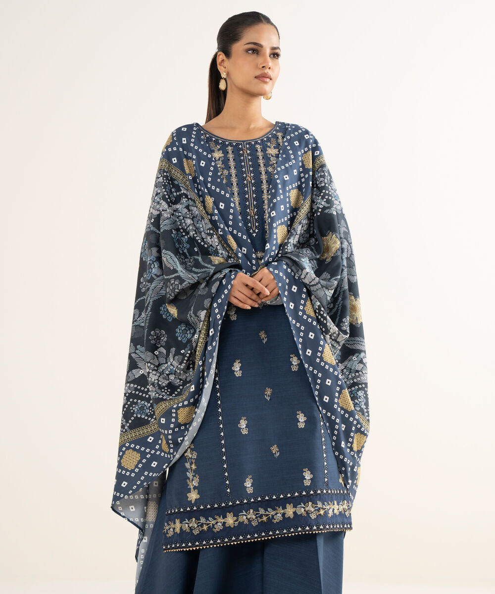 Women's Unstitched Light Khaddar Embroidered Blue 3 Piece Suit