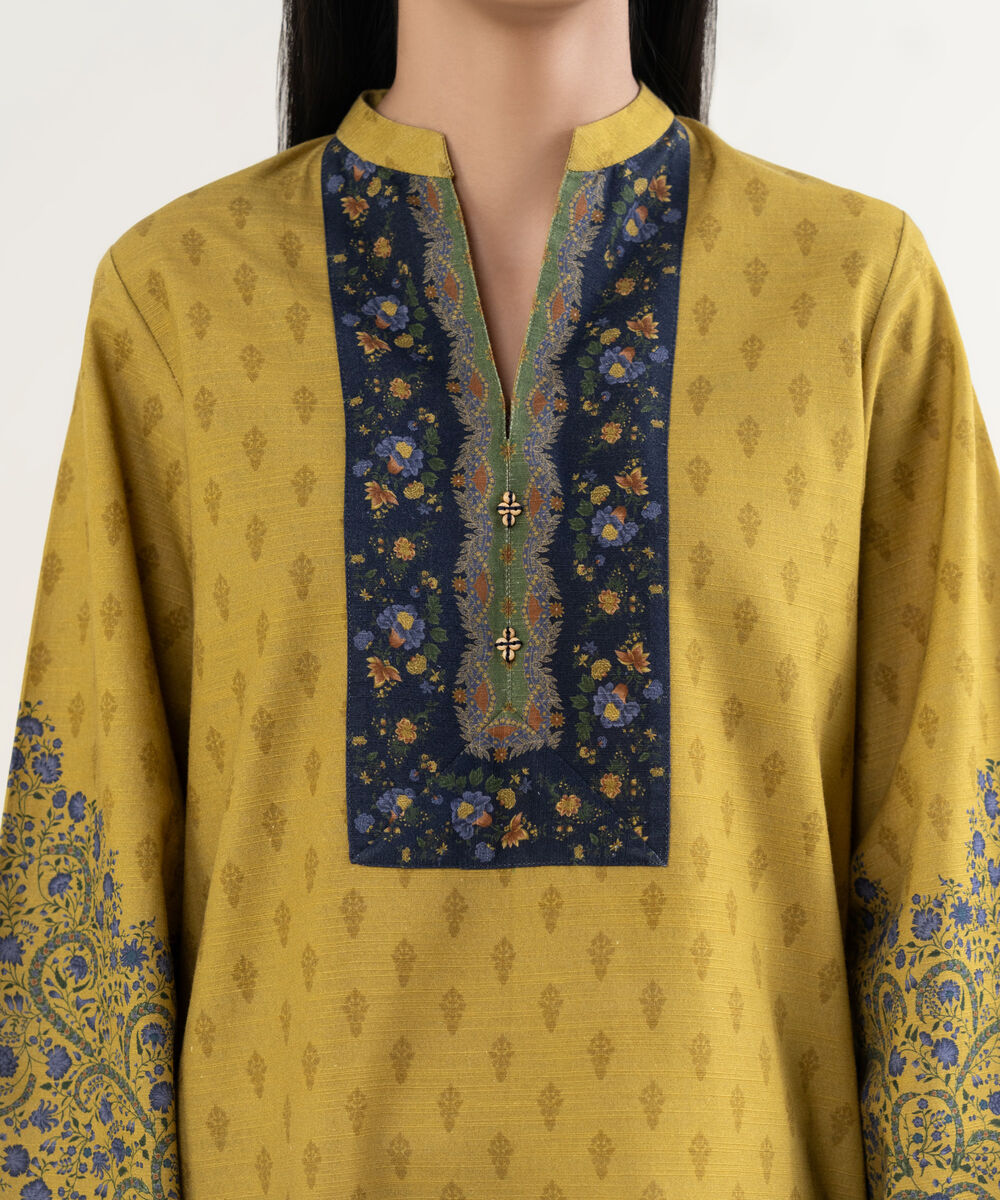 Women's Unstitched Printed Light Khaddar Mustard 3 Piece Suit