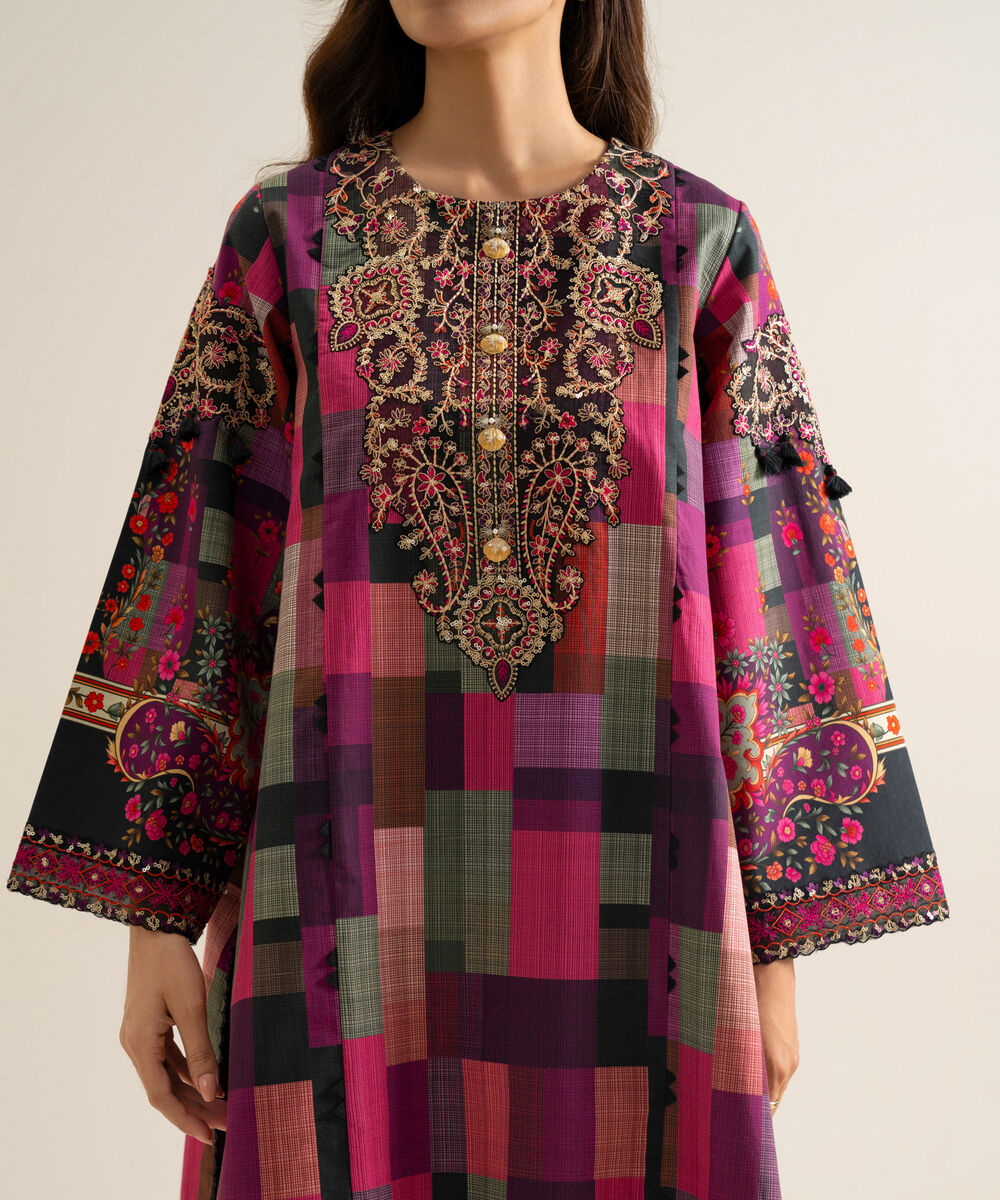 Women's Unstitched Blended Chiffon Printed Plum 3 Piece Suit
