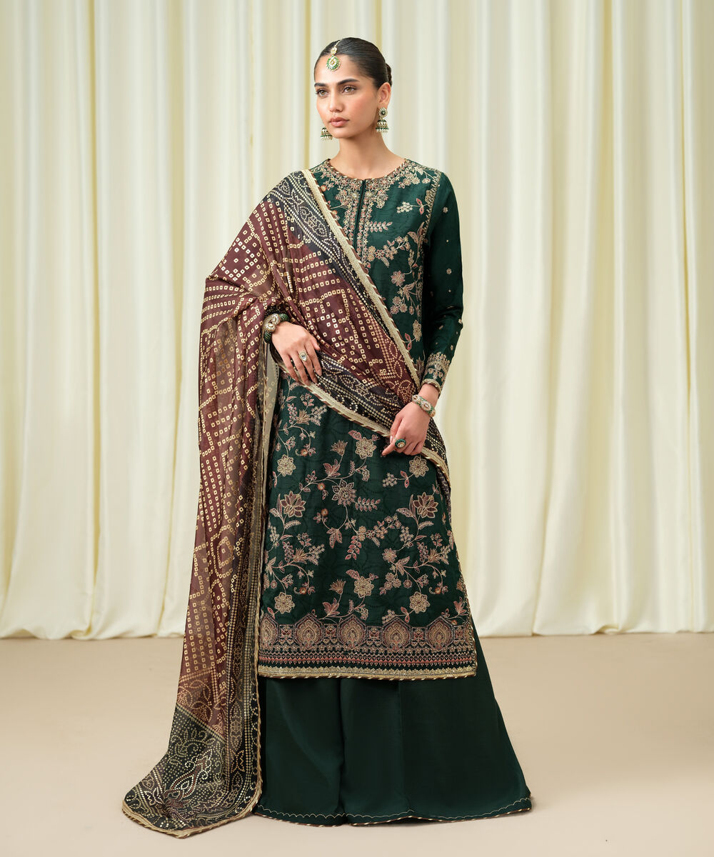 Women's Unstitched Embroidered Viscose Jacquard Green 3 Piece Suit
