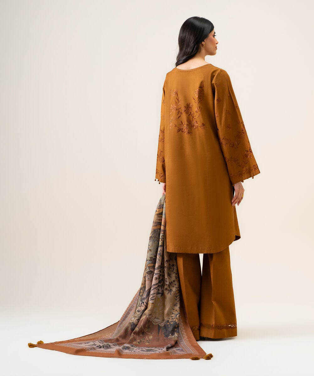 Women's Unstitched Cotton Twill Embroidered Mustard 3 Piece Suit