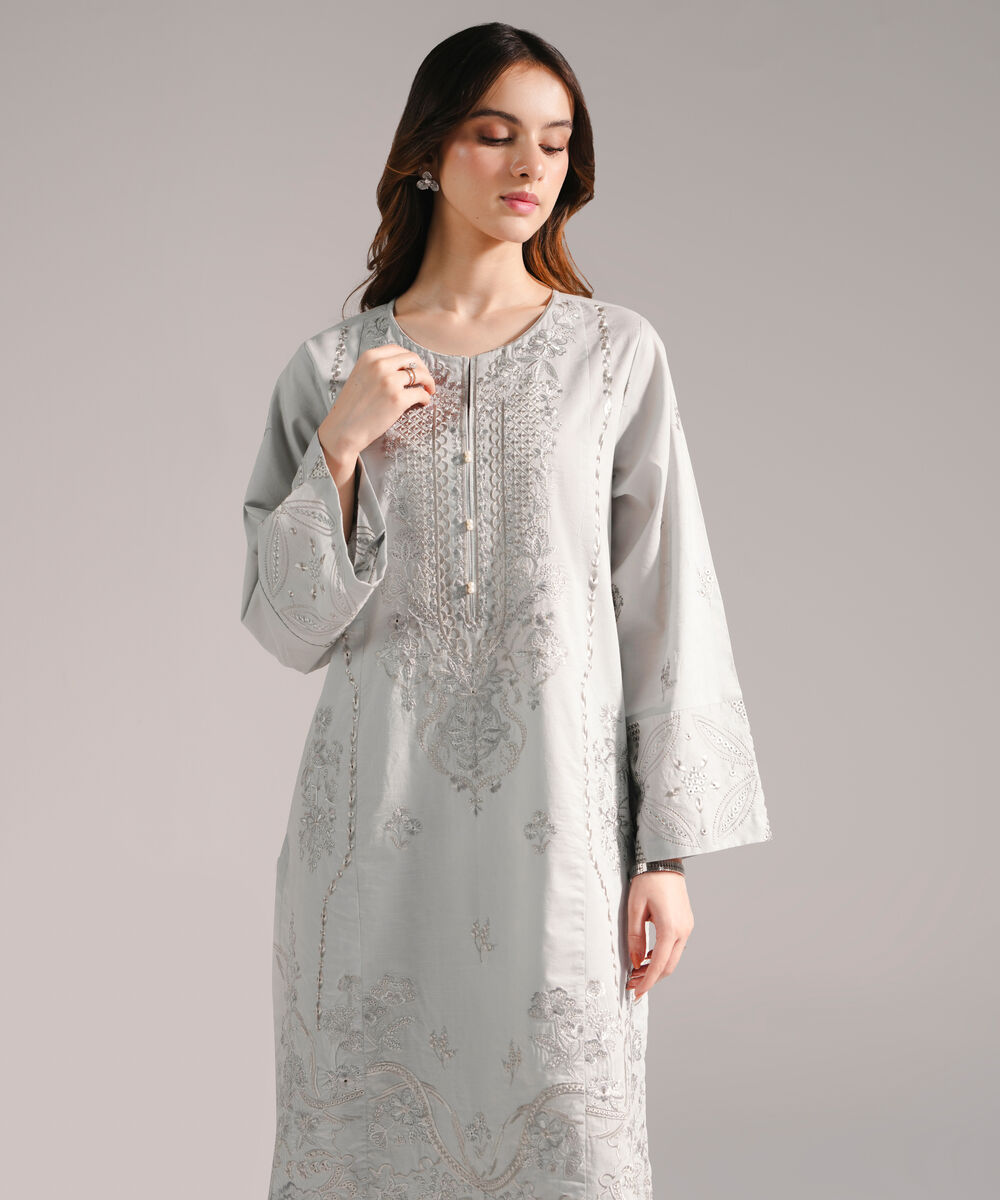 Women's RTW Slub Lawn Embroidered Straight Grey Shirt