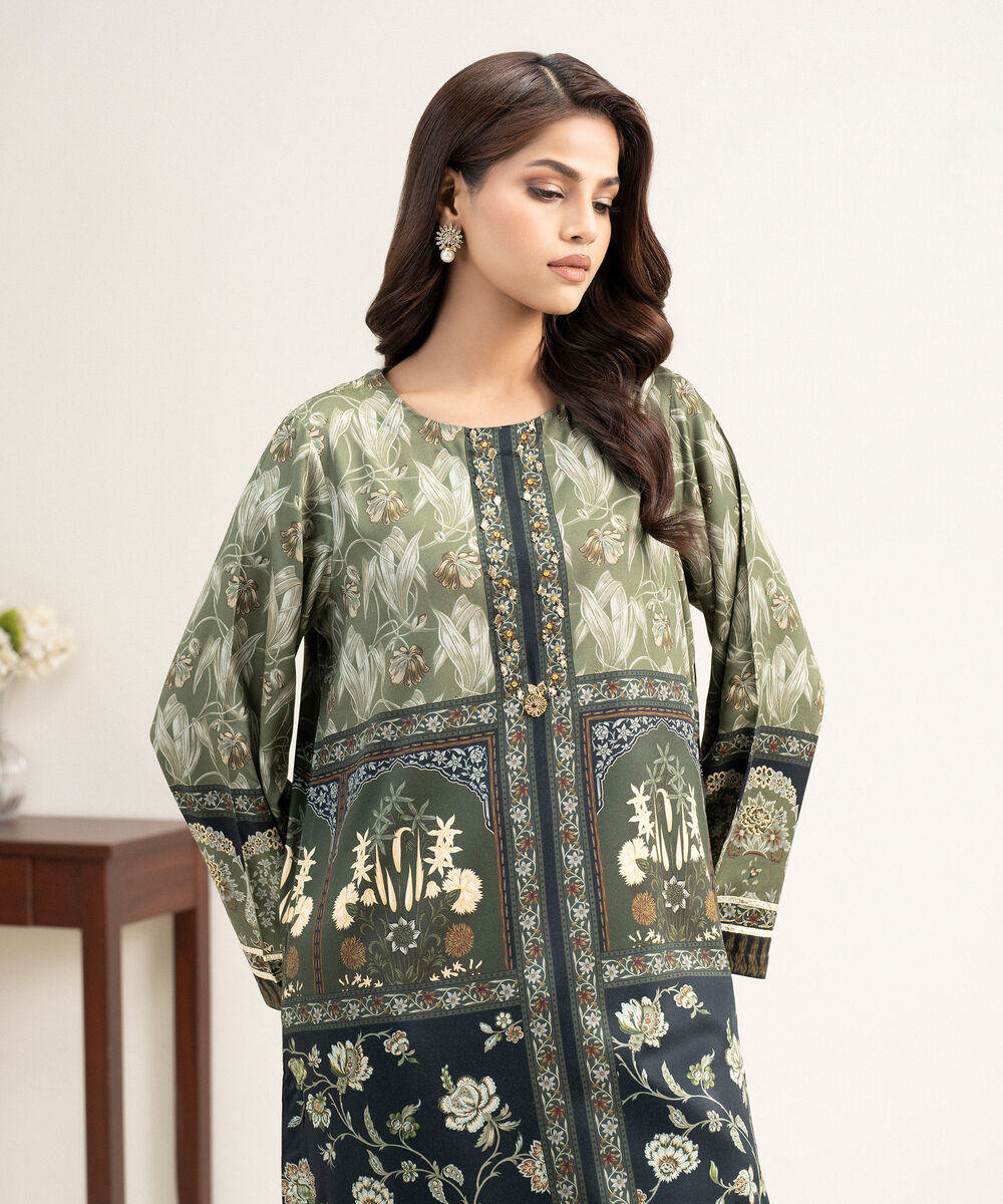 Women's RTW Premium Visocose Satin Printed Green Straight Shirt