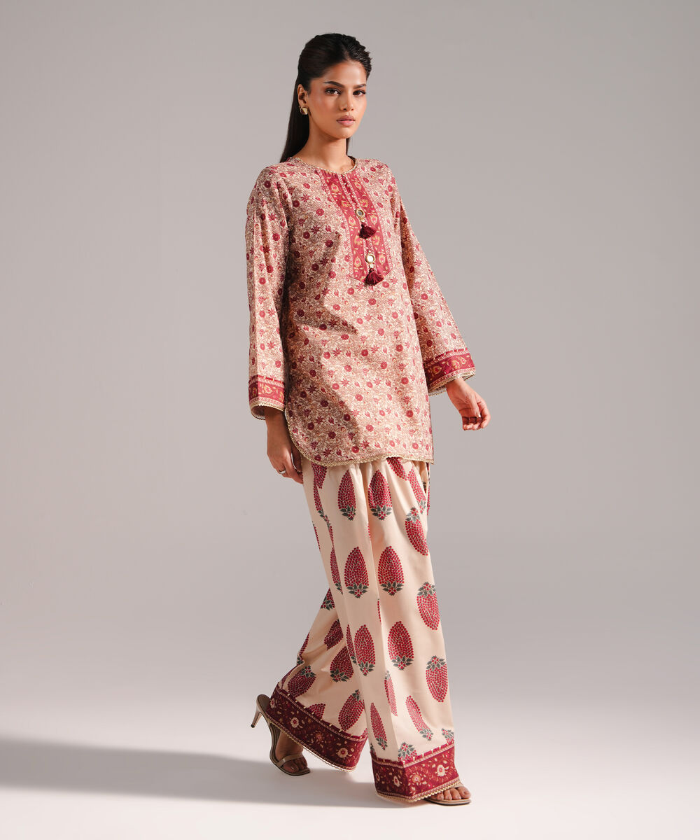 Women's RTW Textured Lawn Printed Beige 2 Piece Suit