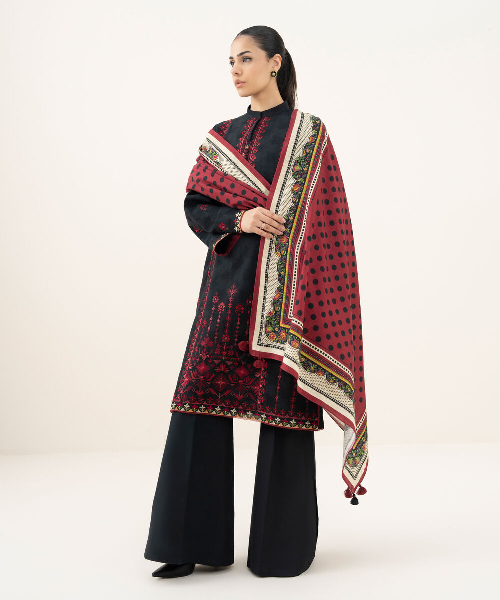 Women's Unstitched Embroidered Cotton Jacquard Black 3 Piece Suit