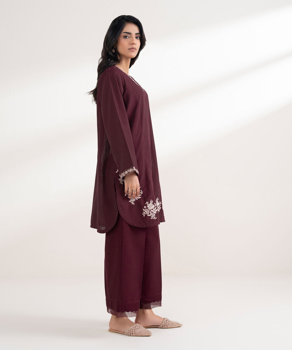 Women's RTW Light Khaddar Embroidered Maroon Straight Shirt