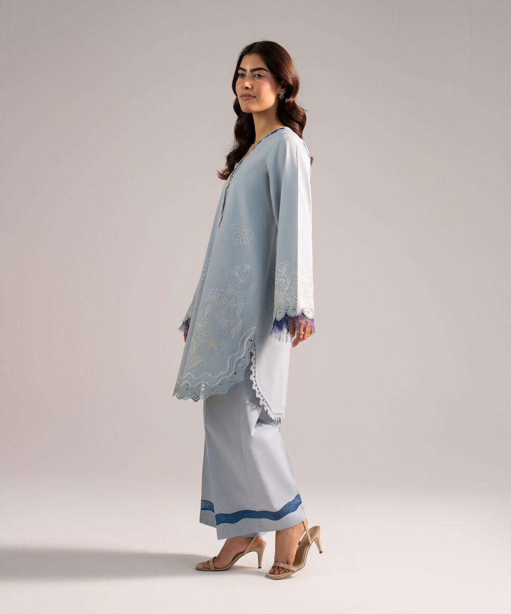 Women's RTW Cambric Embroidered Blue Straight Shirt