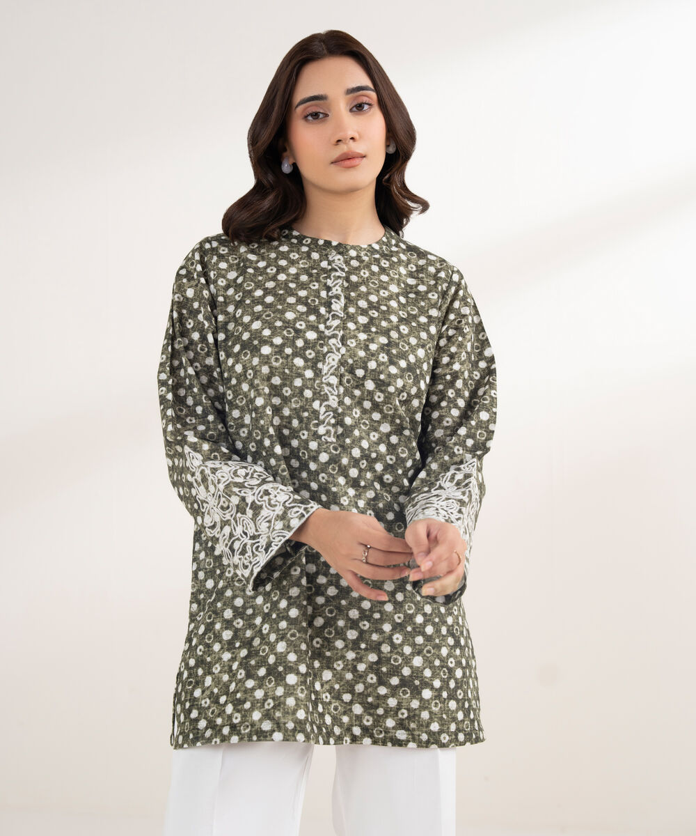 Women's RTW Khaddar Embroidered Green Shirt