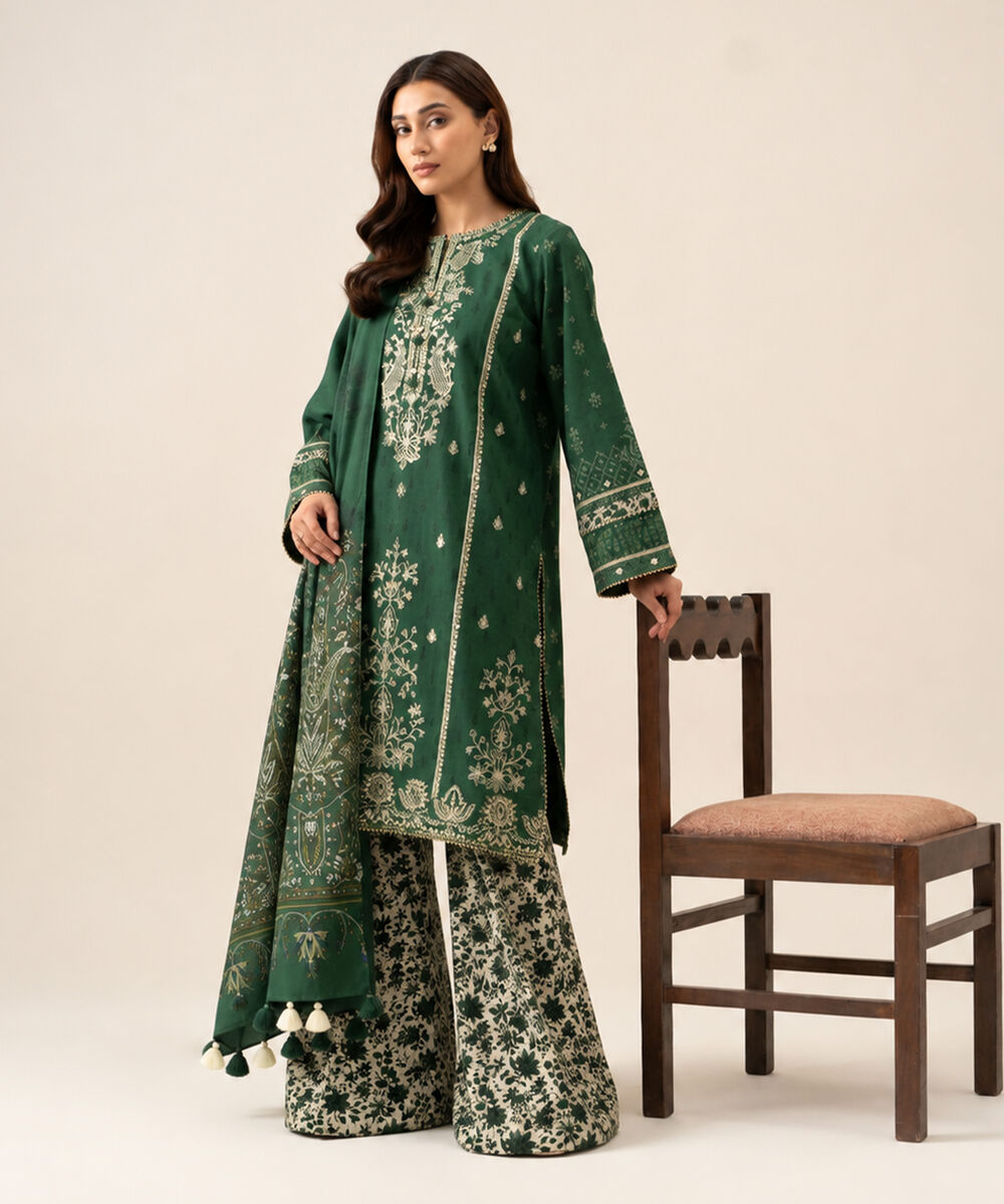 Women's Unstitched Light Khaddar Embroidered Green 3 Piece Suit