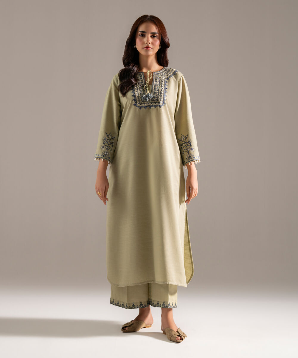 Women's RTW Khaddar Solid Embroidered Green A-Line Shirt