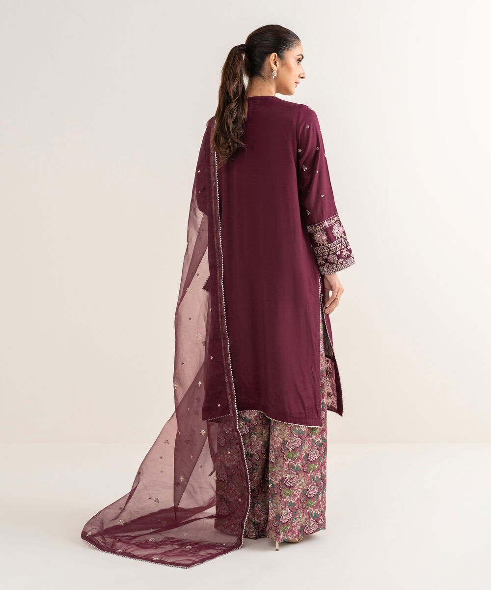 Women's RTW Viscose Raw Silk Embroidered Purple Three Piece Suit