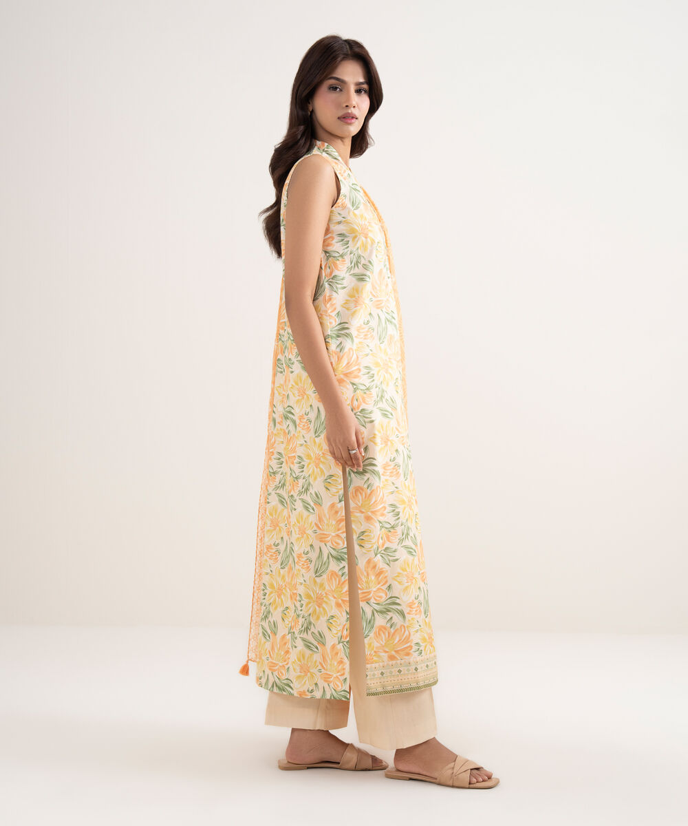 Women's Unstitched Lawn Orange Printed 3 Piece Suit