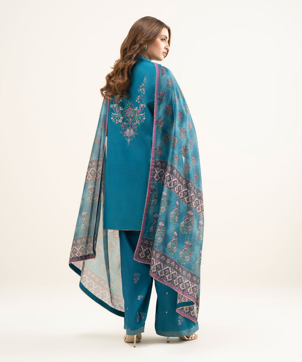 Women's Unstitched Blended Raw Silk Embroidered Blue 3 Piece Suit