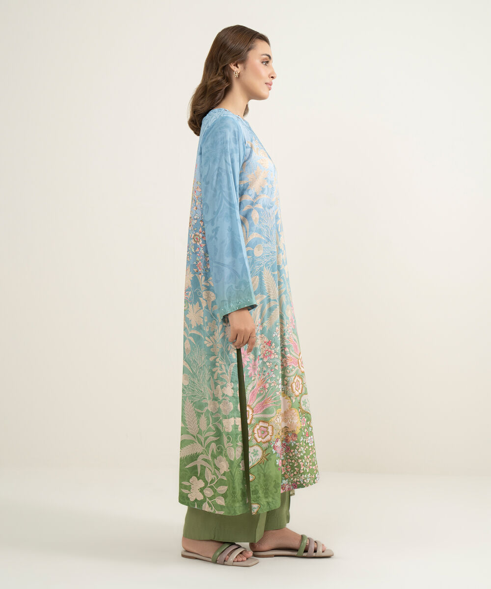 Women's RTW Viscose Raw Silk Printed Green 3 Piece Suit