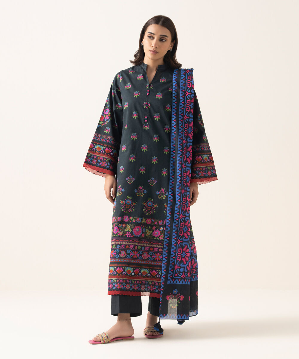 Women's Unstitched Lawn Printed Black 3 Piece Suit