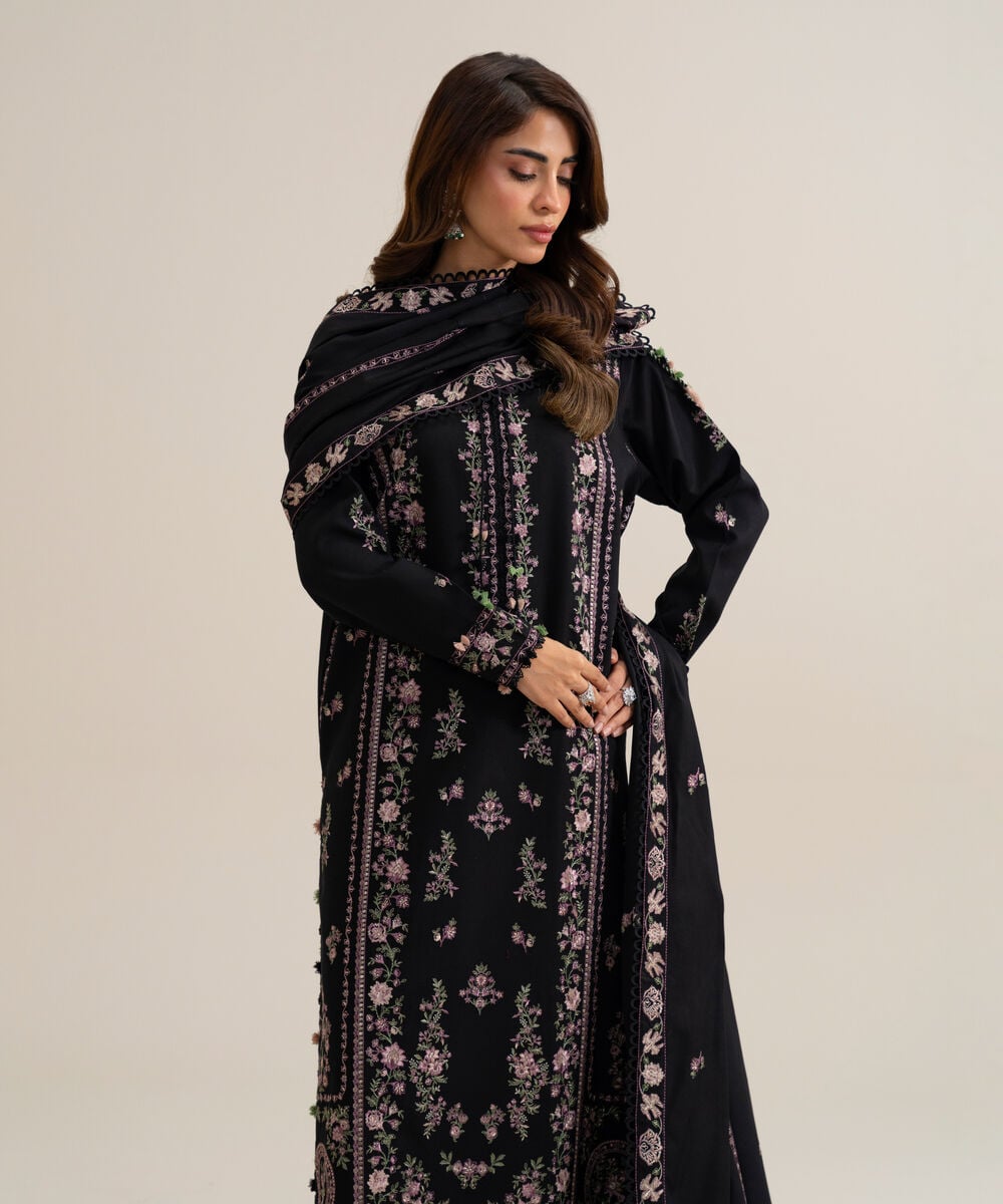 Womens Unstitched Marina Embroidered Black 3 Piece Suit