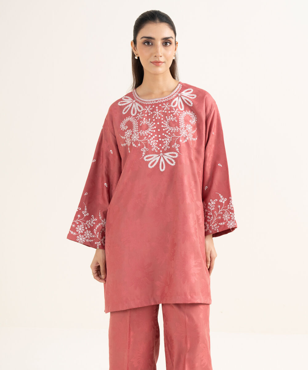 Women's RTW Jacquard Embroidered Peach Drop Shoulder Shirt