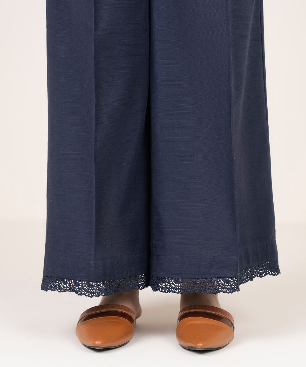 Women's RTW Khaddar Solid Blue Flared Pants