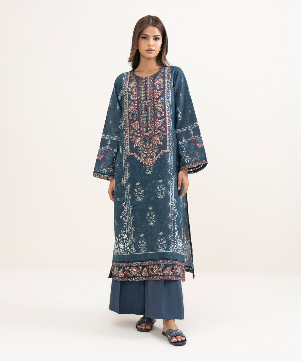 Women's RTW Zari Cotton Embroidered Blue A-Line Shirt