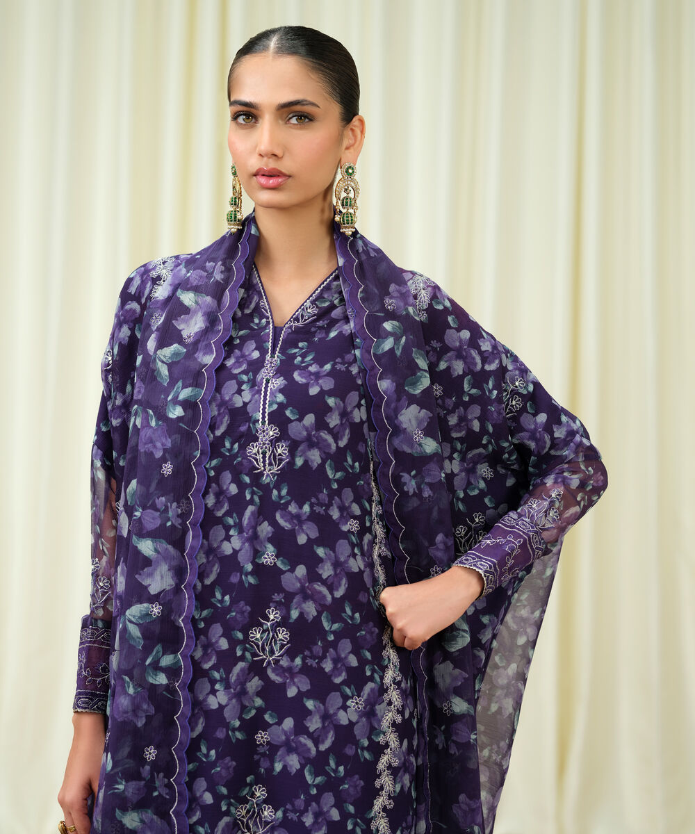 Women's Unstitched Blended Chiffon Embroidered Purple 3 Piece Suit