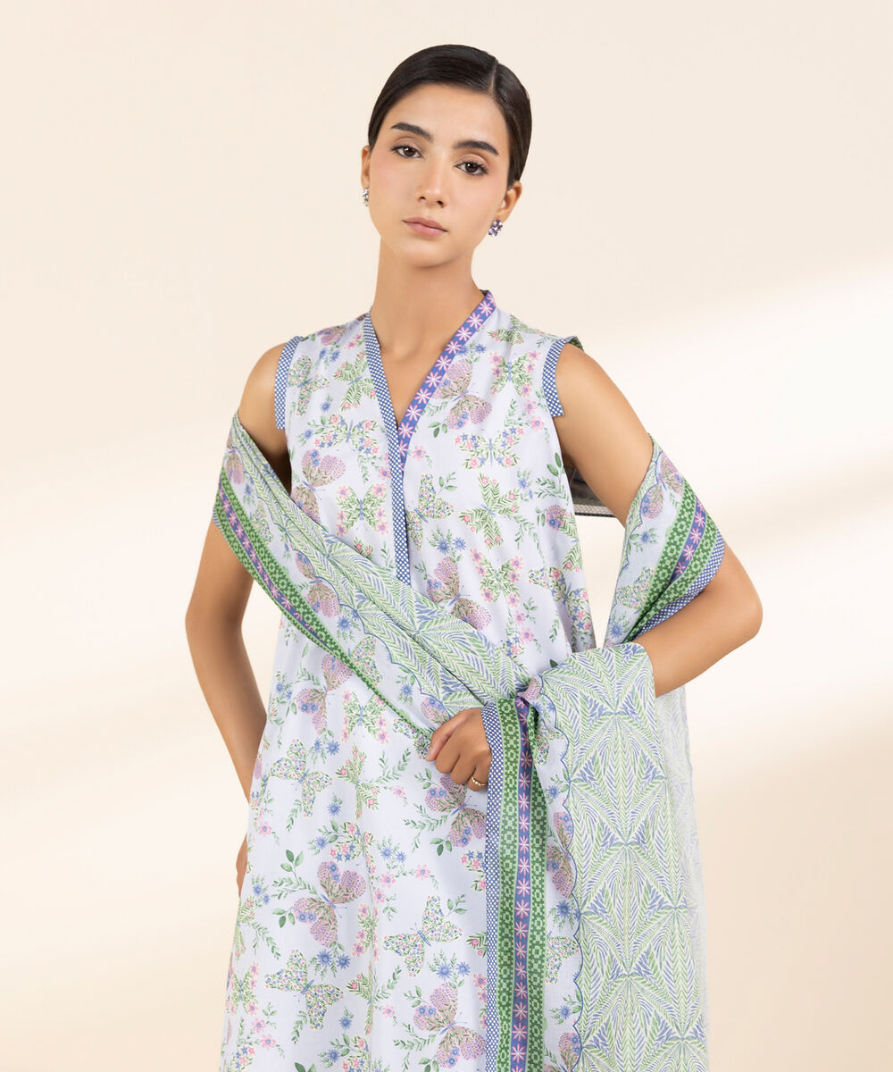 Women's Unstitched Lawn Printed Blue 3 Piece Suit