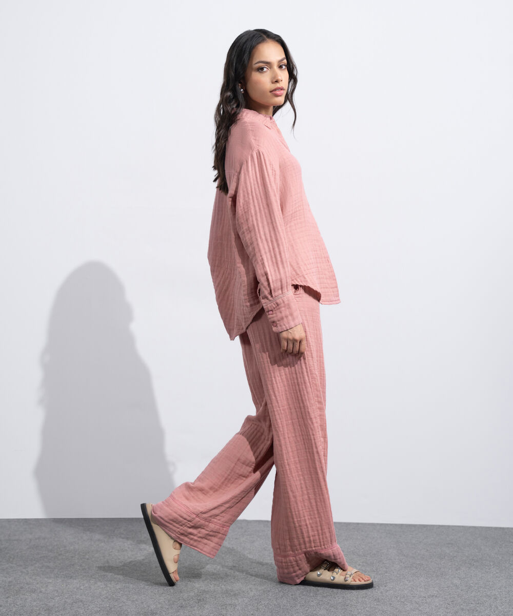 Women's Western Tea-Pink Loose-Fit Cotton Muslin Shirt