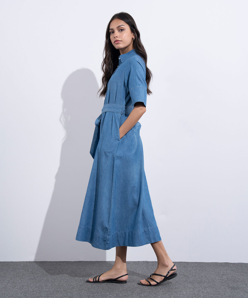 Women's Western Wear Blue Denim Short Sleeve Dress With Belt