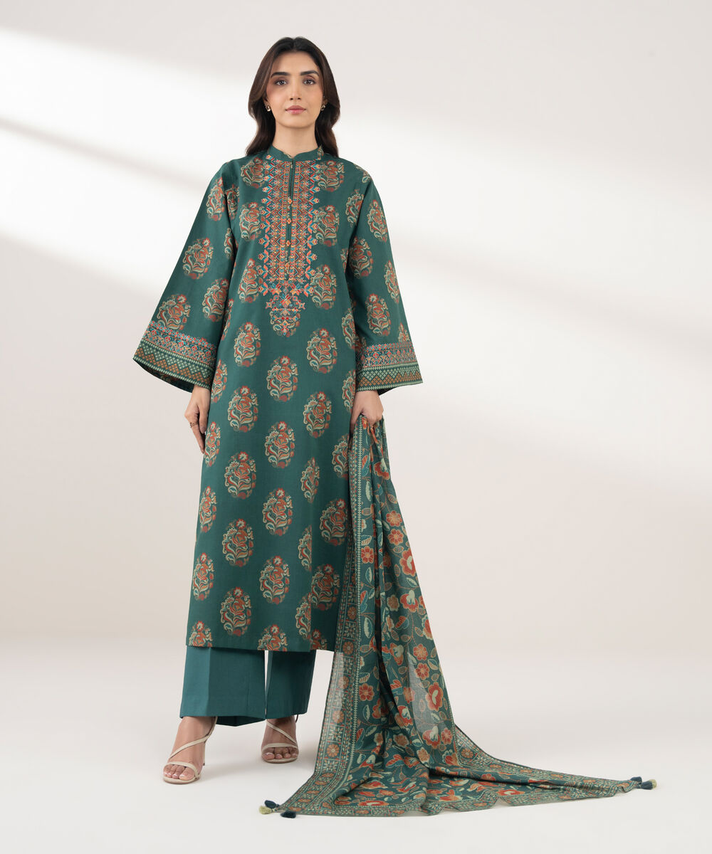 Women's Unstitched Cotton Printed Green 3 Piece Suit