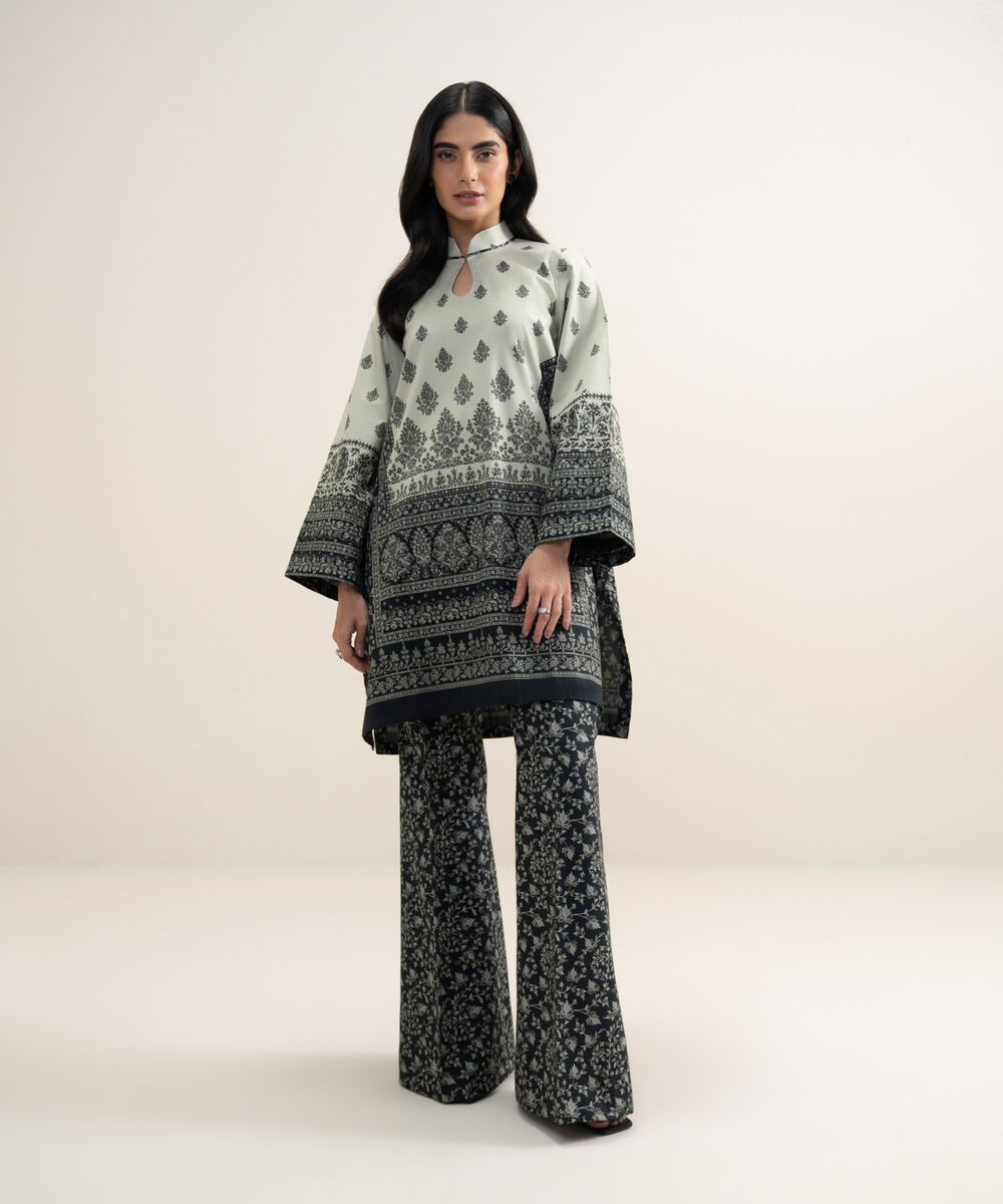 Women's Unstitched Lawn Printed Black and Off White 2 Piece Suit
