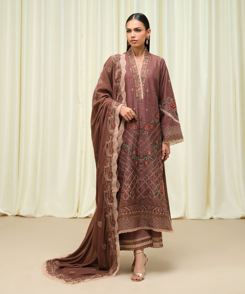 Women's Unstitched Raw Silk Embroidered Brown 3 Piece Suit