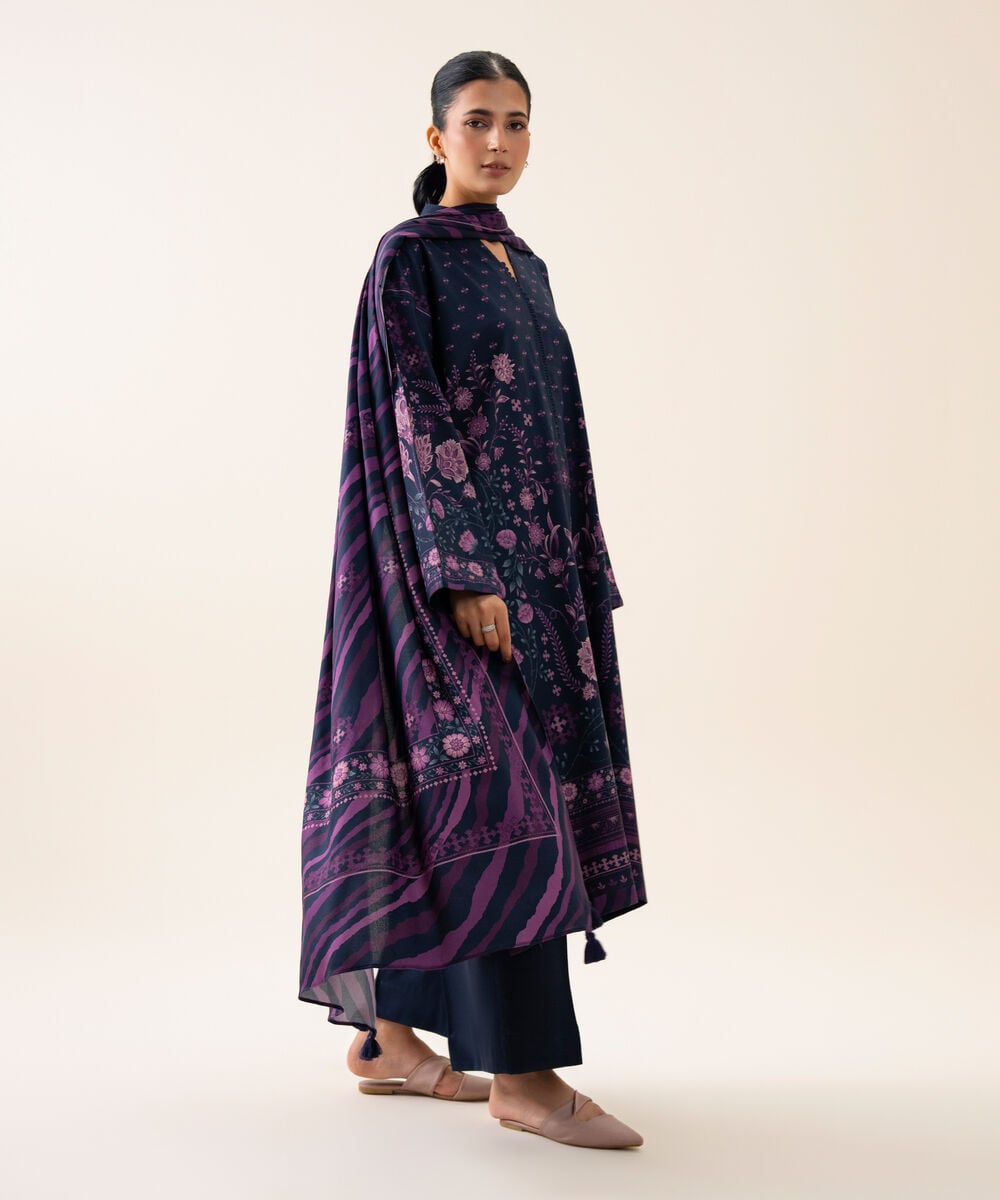 Women's Unstitched Viscose Linen Printed Dark Blue 3 Piece Suit