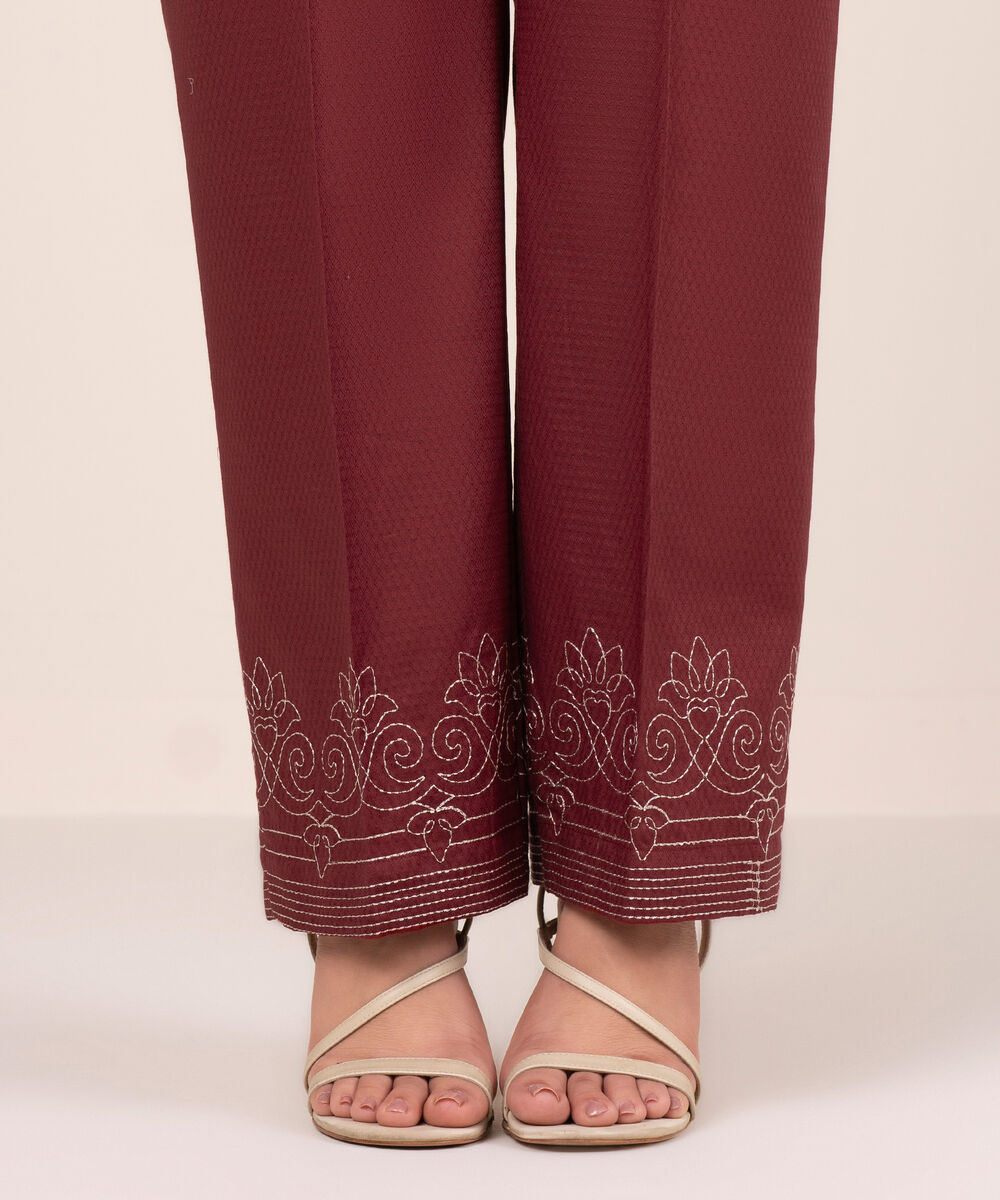 Women's RTW Dobby Embroidered Red Straight Pants