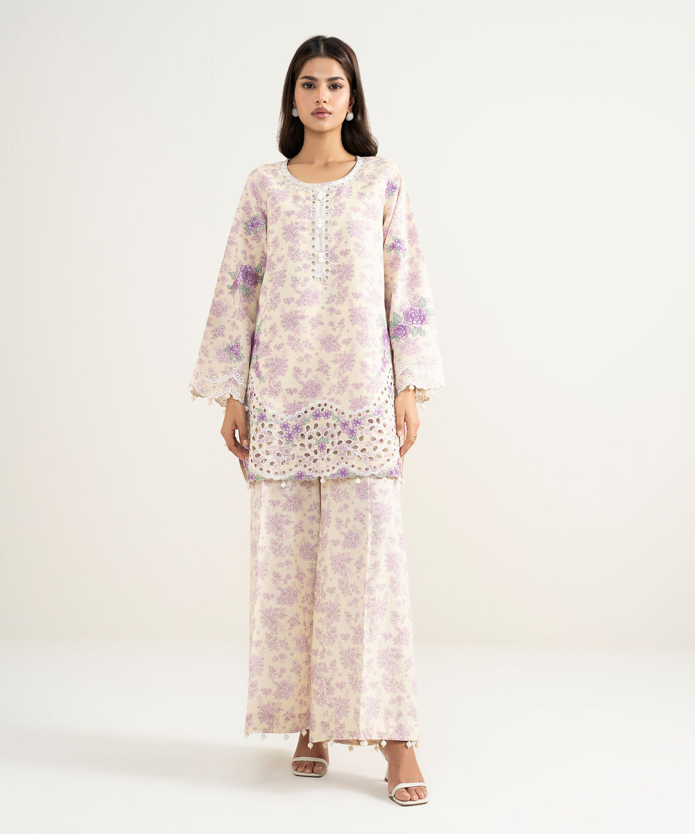 Women's RTW Zari Cotton Embroidered Purple Straight Shirt