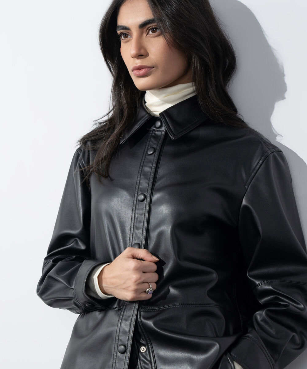 Women's Western Wear Black Loose-Fit Faux Leather Shirt