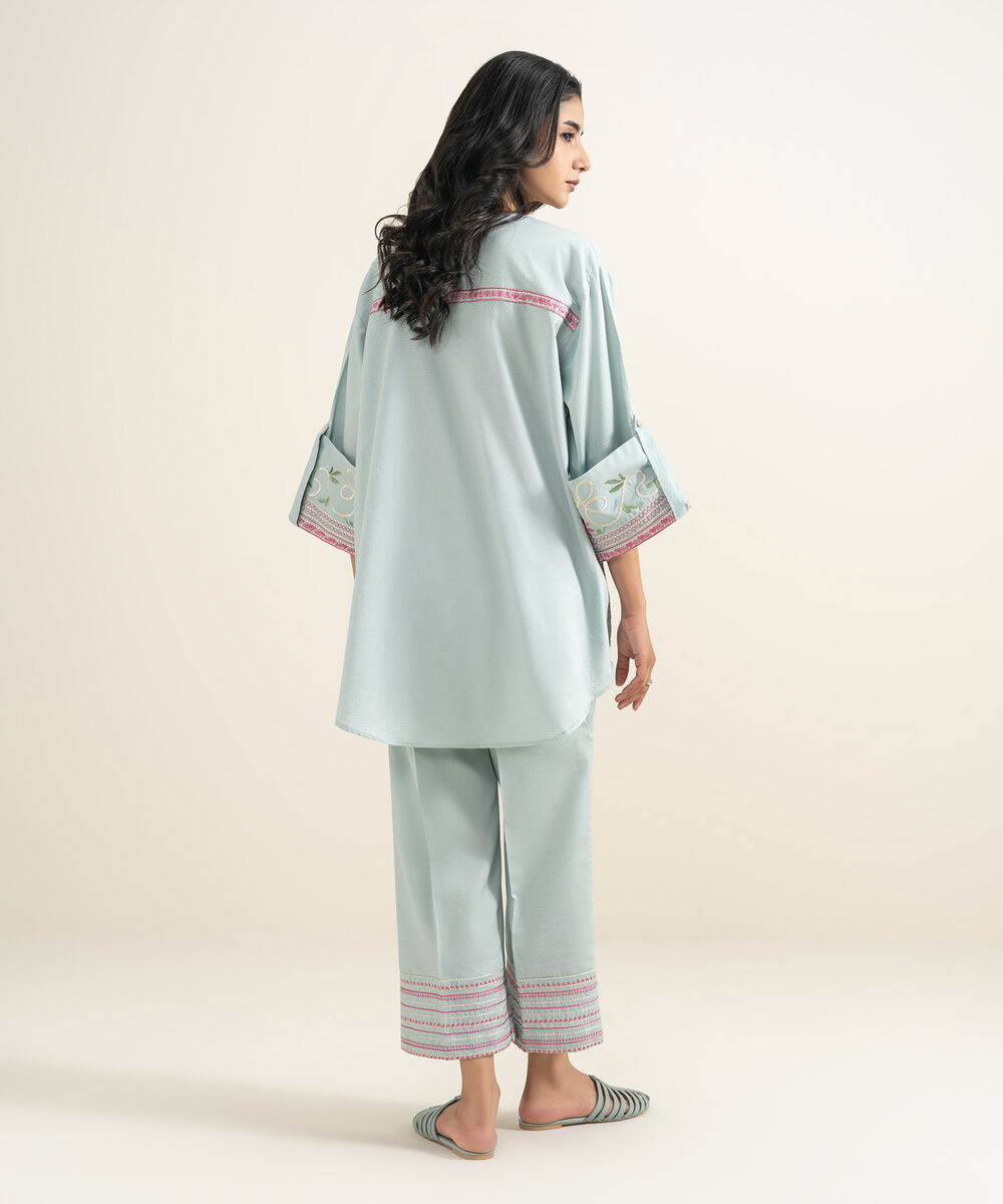 Women's RTW Dobby Embroidered Blue Straight Shirt