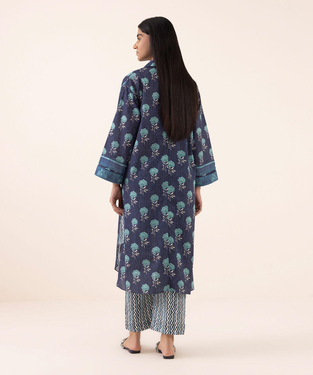 Women's RTW Lawn Blue Printed Drop Shoulder Shirt