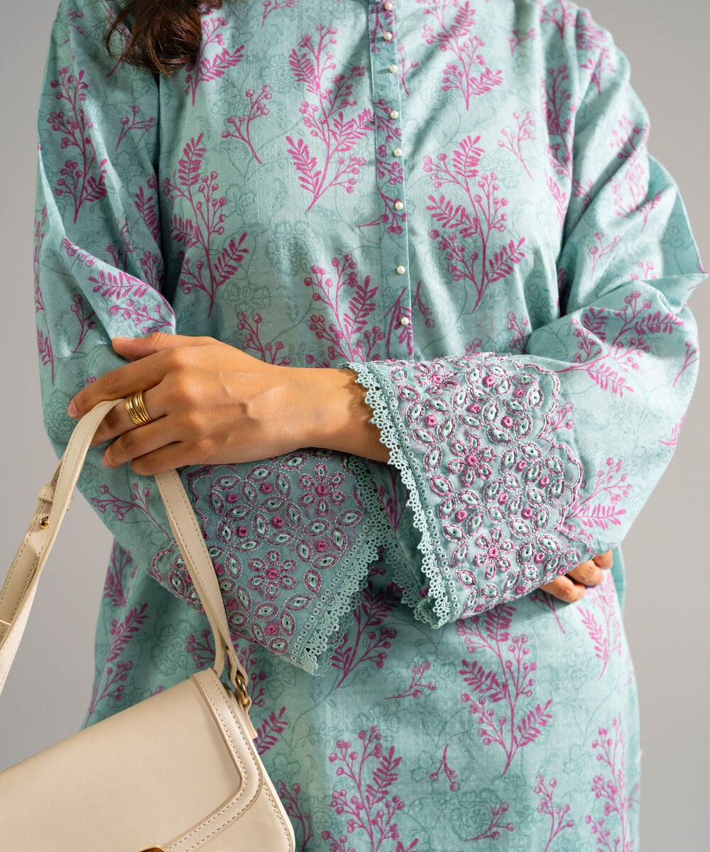 Women's RTW Self Jacquard Embroidered Blue 2 Piece Suit