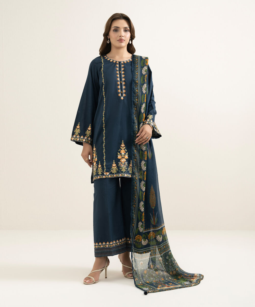 Women's RTW Dobby Embroidered Dark Blue Straight Shirt