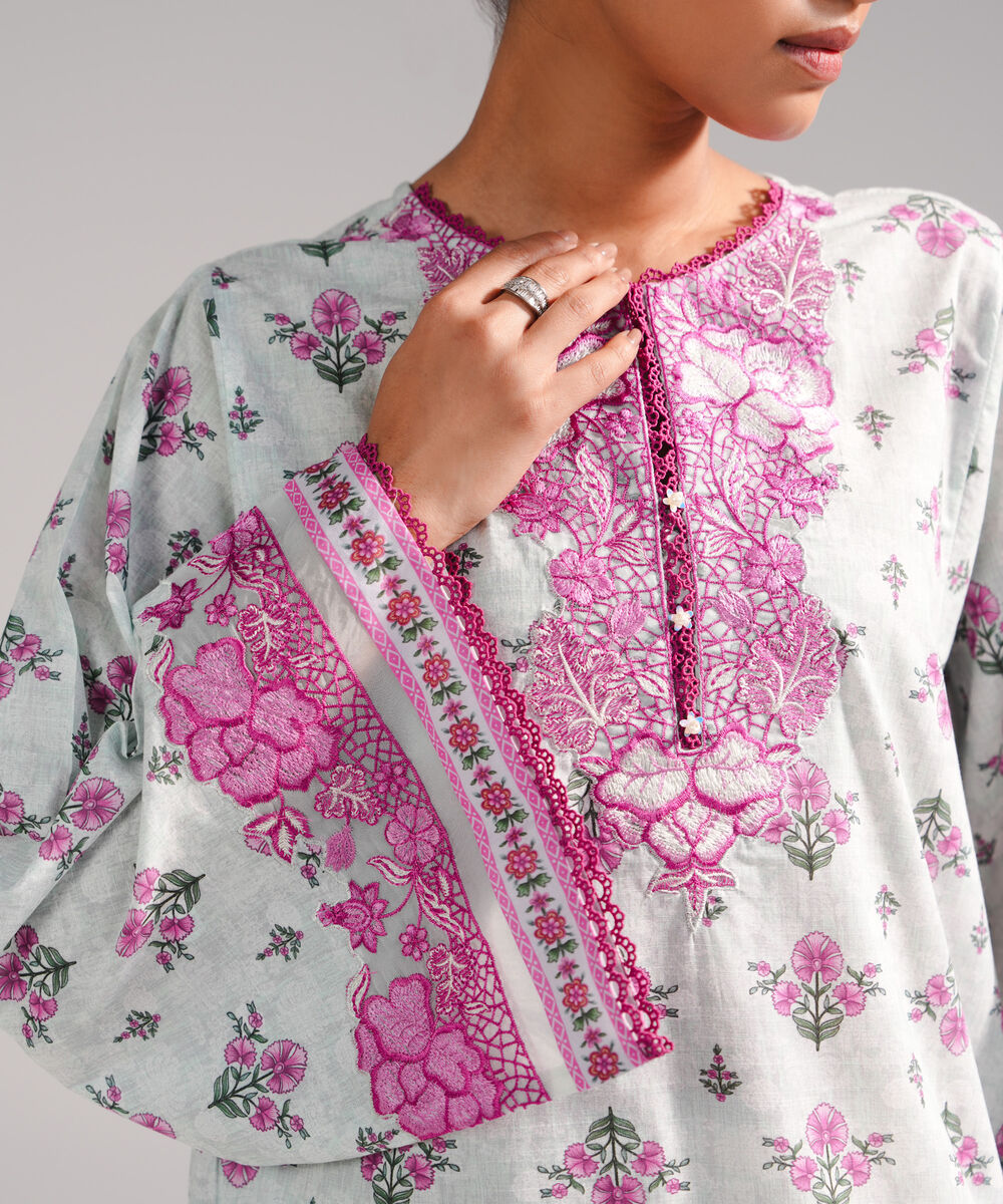 Women's RTW Slub Lawn Embroidered Seafoam Green Straight Shirt