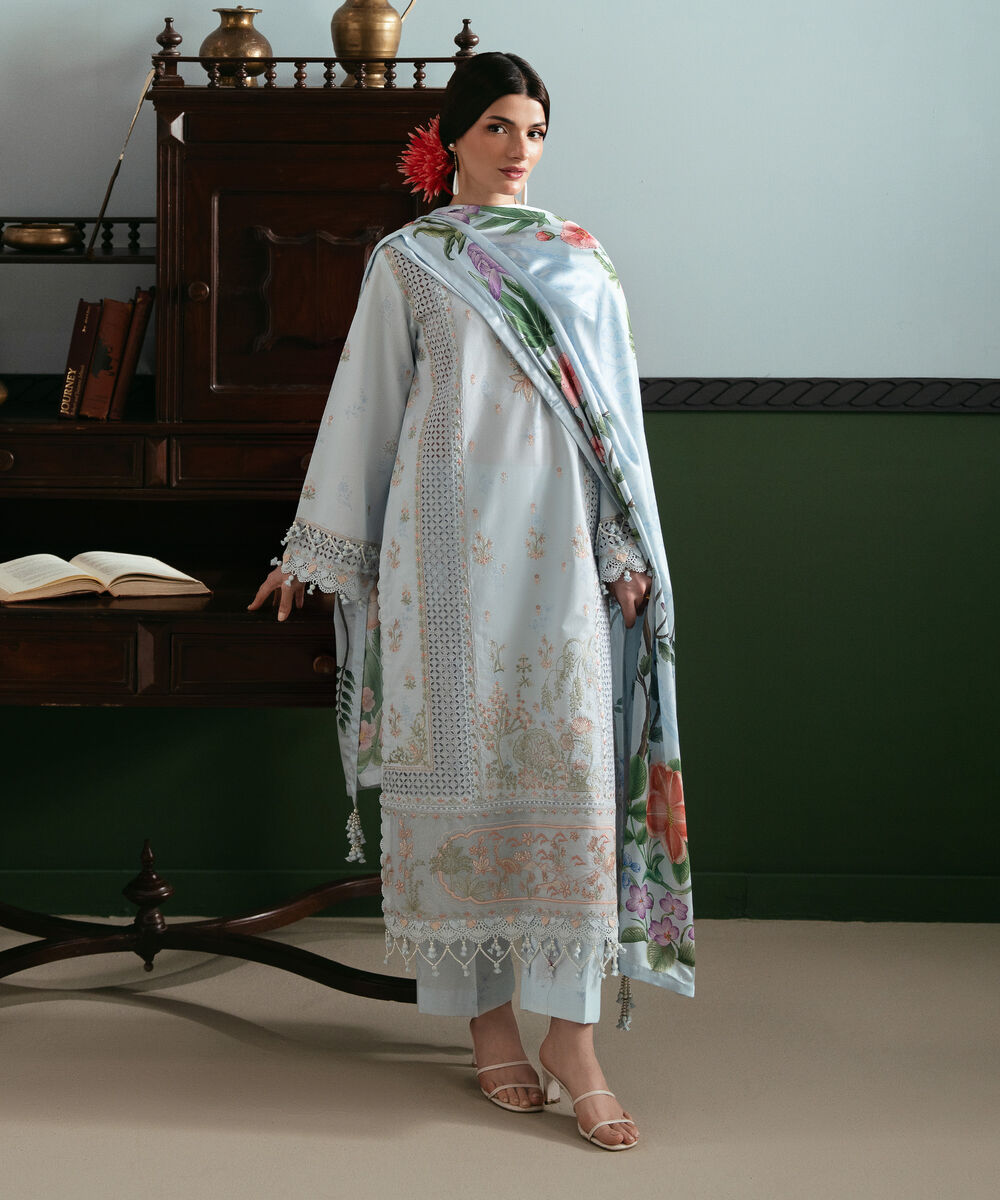 Women's Unstitched Lawn Embroidered Blue 3 Piece Suit