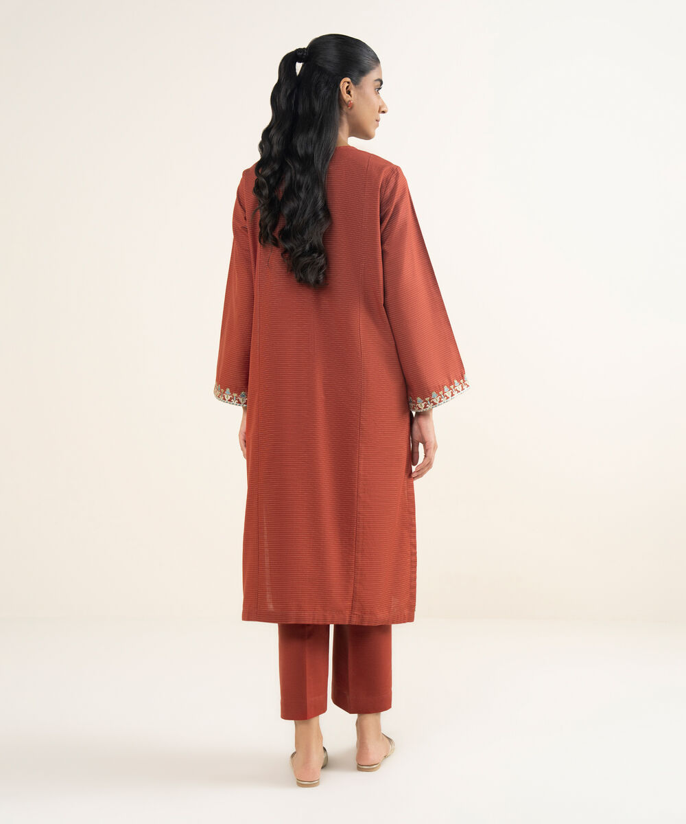 Women's RTW Light Khaddar Embroidered A-Line Rust Shirt