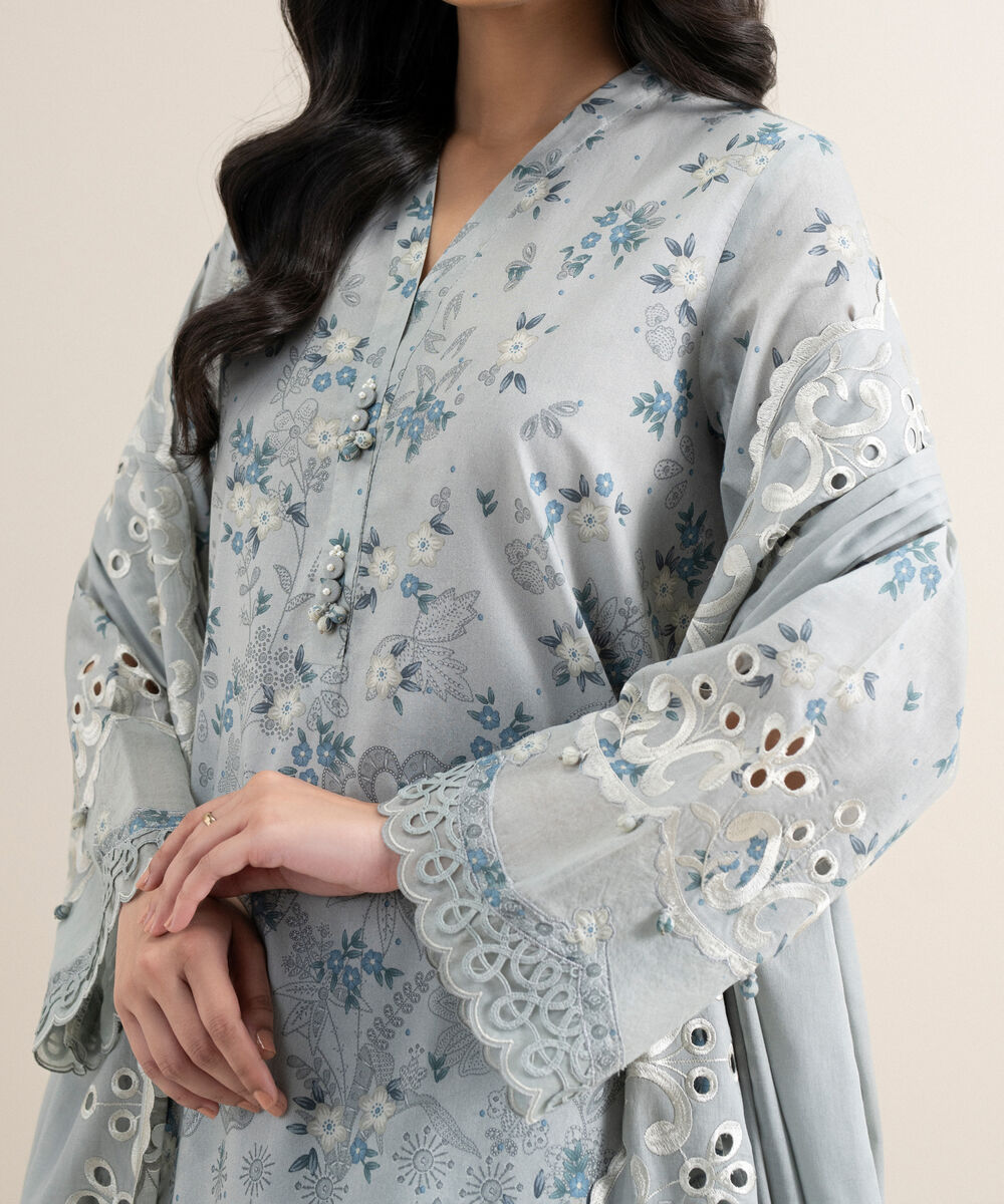Women's Unstitched Lawn Embroidered Grey 3 Piece Suit