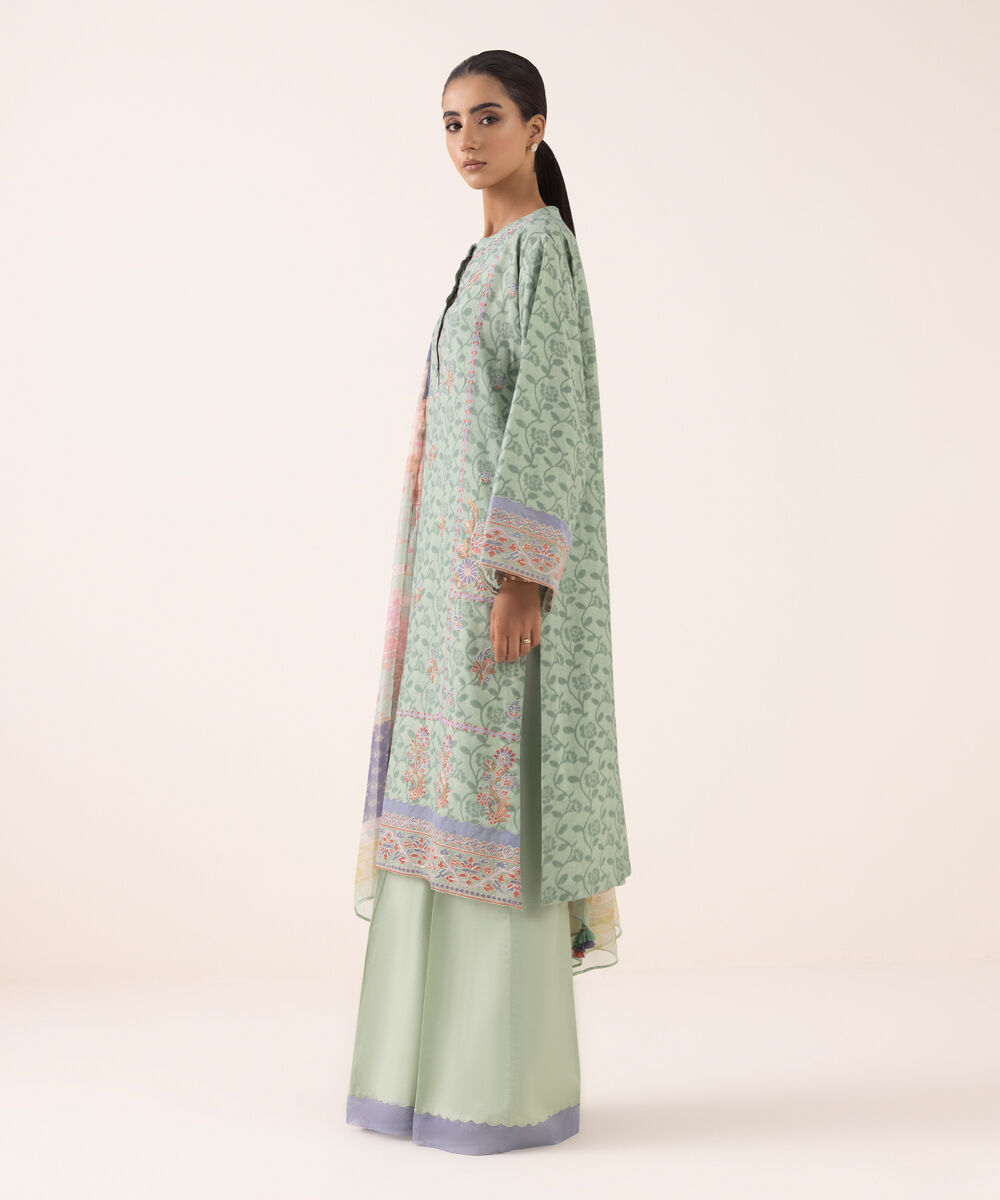 Women's Unstitched Jacquard Embroidered Green Three Piece Suit