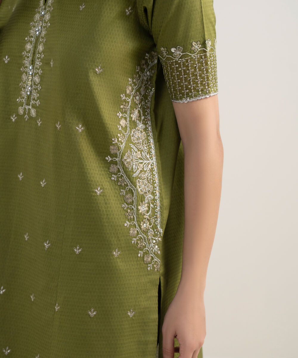 Women's Unstitched Dobby Embroidered Green 3 Piece Suit