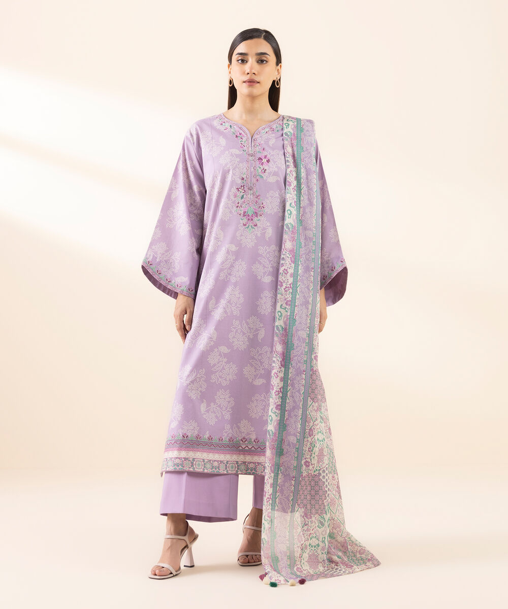 Women's Unstitched Lawn Embroidered Purple 3 Piece Suit