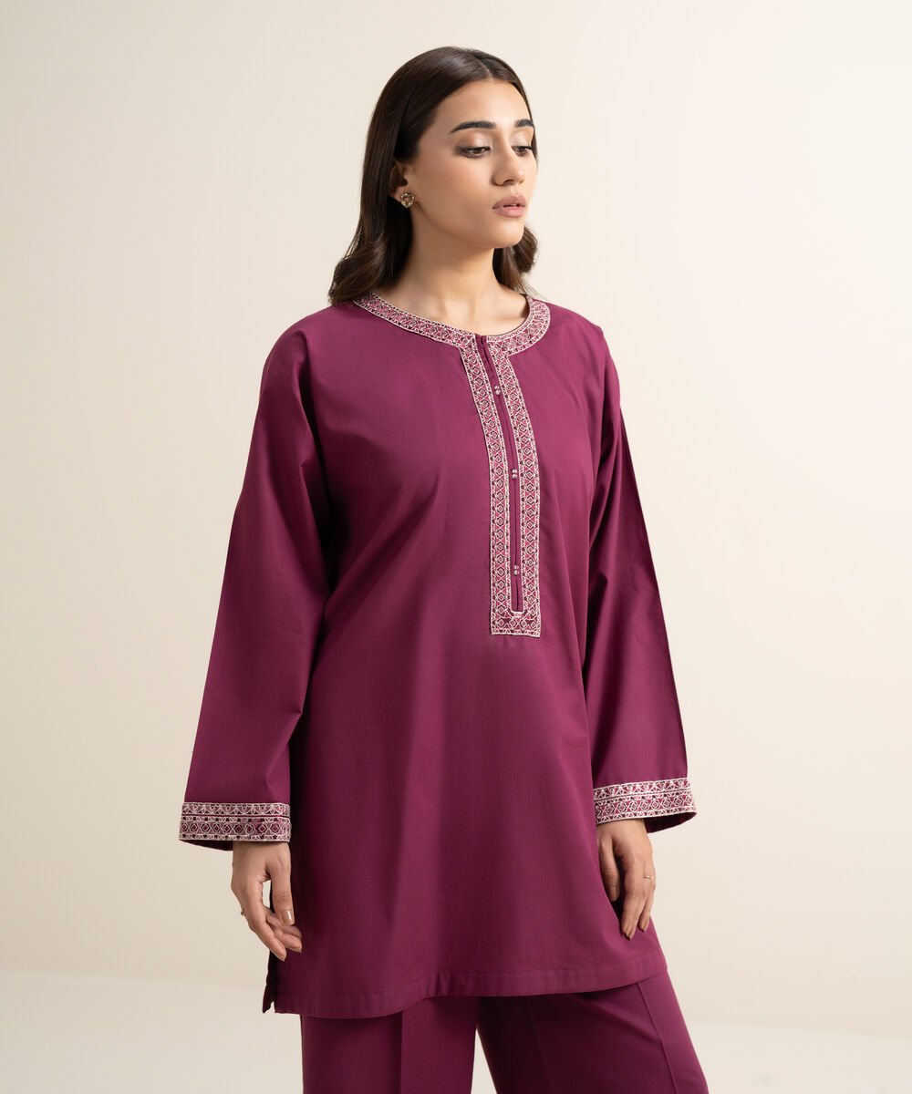 Women's RTW Cambric Embroidered Purple Boxy Shirt