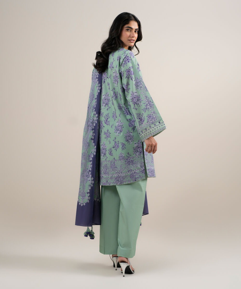 Women's Unstitched Lawn Embroidered Green and Purple 3 Piece Suit